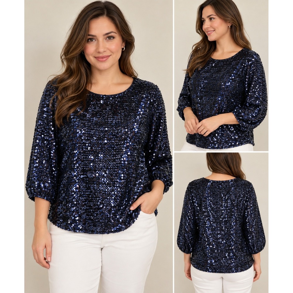 Chicos Navy Blue Sequin Blouse 3/4 Sleeve Crew Neck Top Size 1 M